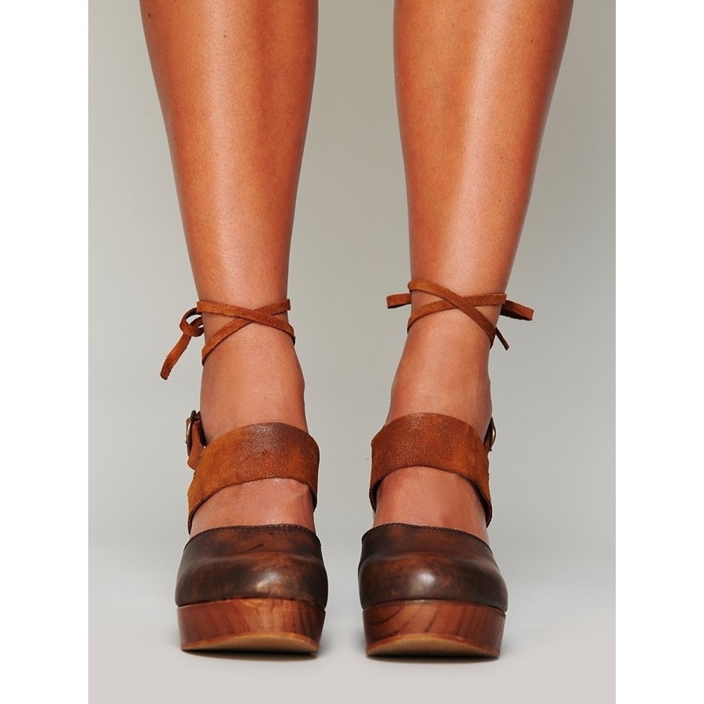 Free People Belmont Leather clogs wood platform ankle ties womens 6